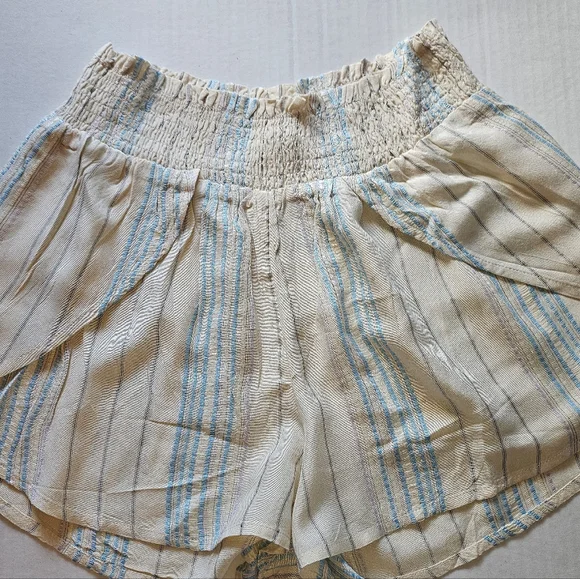 Elan Smocked High Waist Cream and Blue Striped Faux Wrap Coverup Shorts - Picture 2 of 11